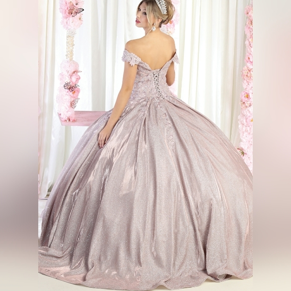 Lace applique beaded off the  shoulder long floor length lace up back ball gown - Picture 7 of 13
